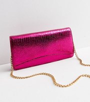 New Look Bright Pink Metallic Faux Croc Clutch Bag